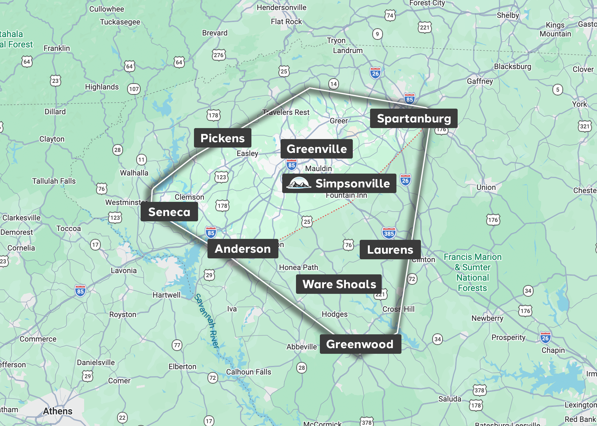 Map highlighting Upstate South Carolina cities within a boundary