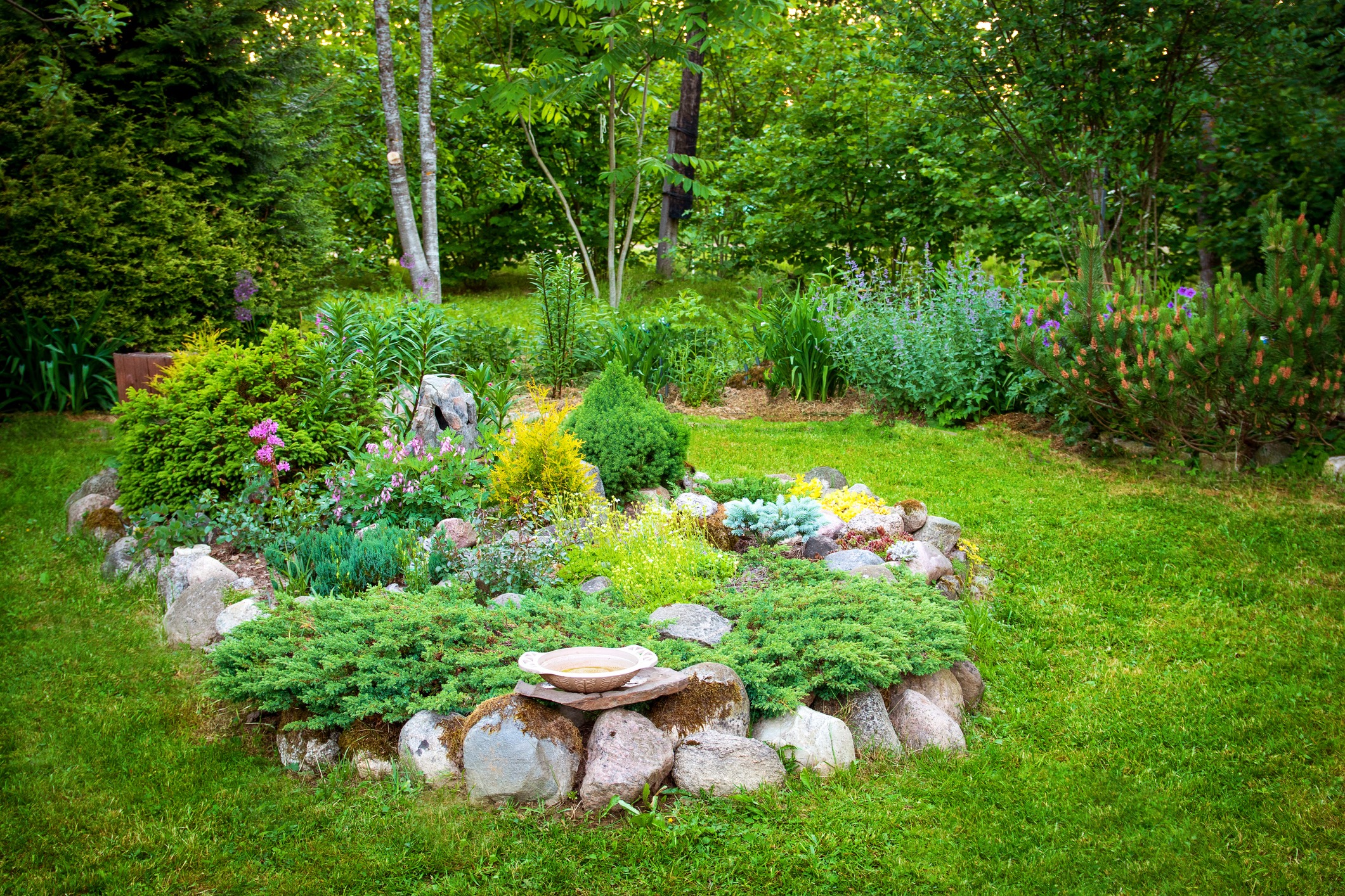 Rock-bordered flower garden with birdbath beneath leafy trees