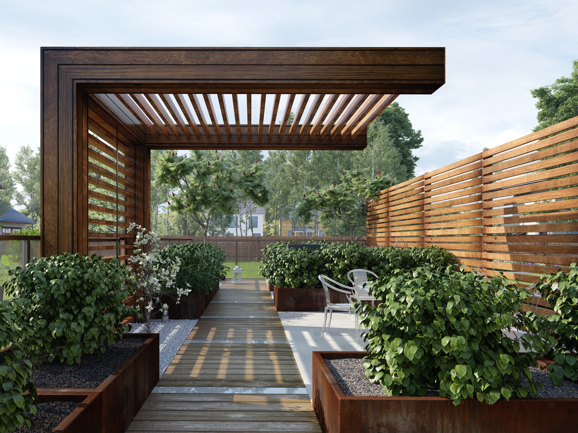 Wooden pergola patio with planters and chairs