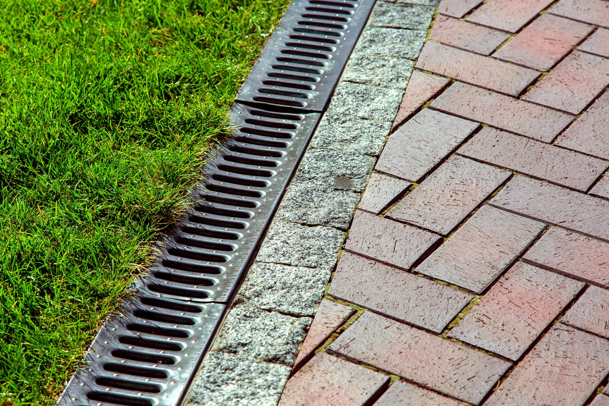 Drainage grate between green grass and brick sidewalk