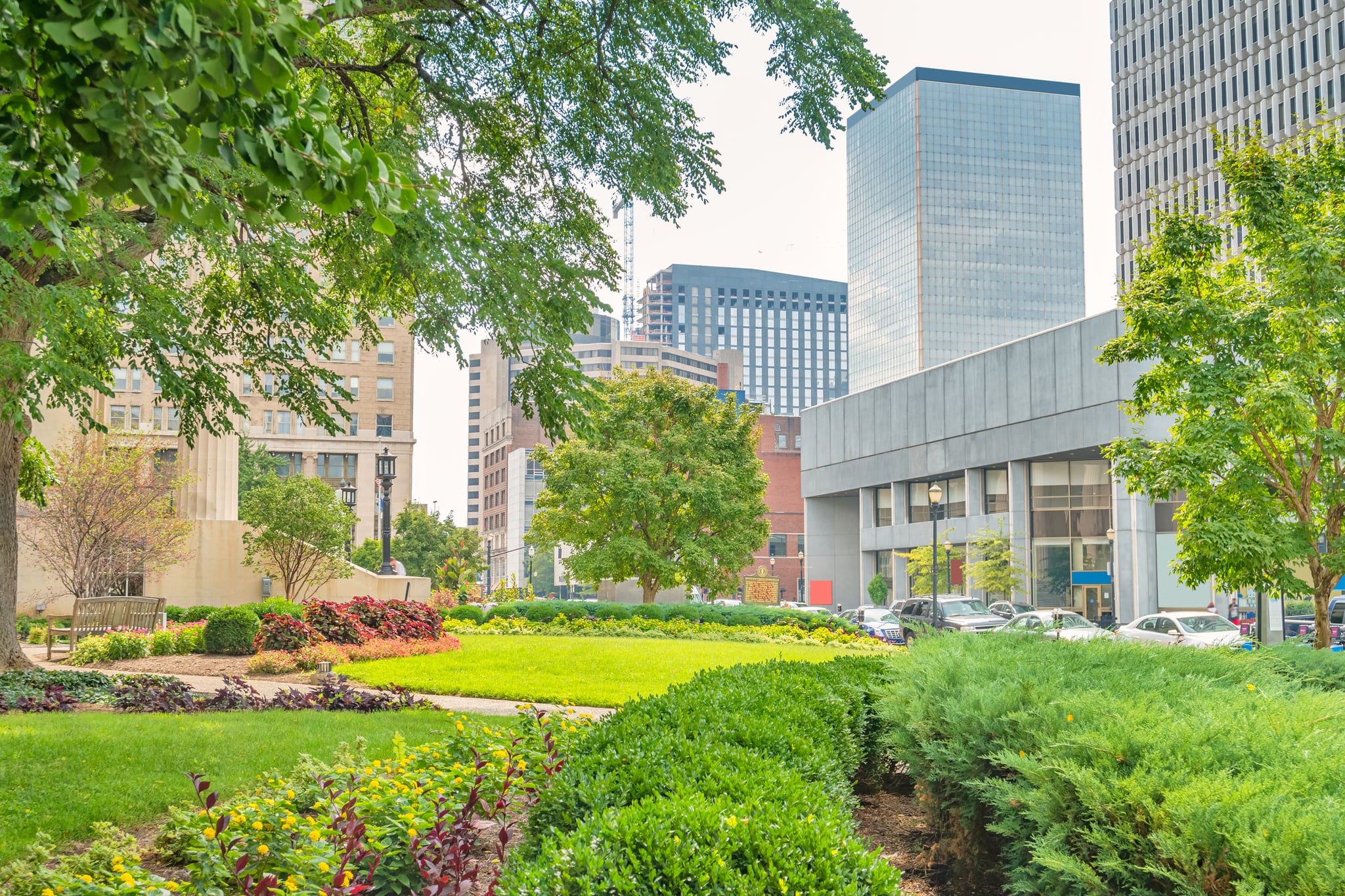 Landscaped downtown park surrounded by modern office buildings